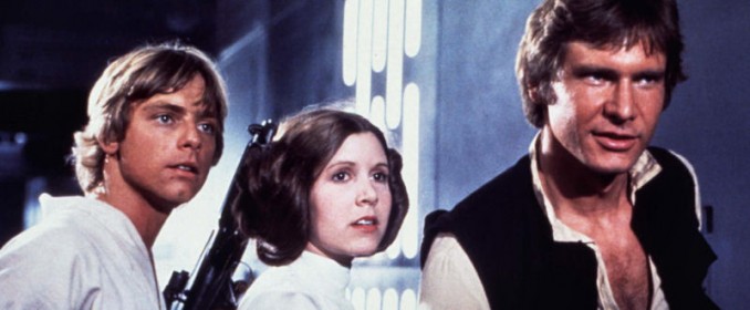 Luke Skywalker (Mark Hamill), Leia Organa (Carrie Fisher) et Han Solo (Harrison Ford) dans Star Wars: A New Hope